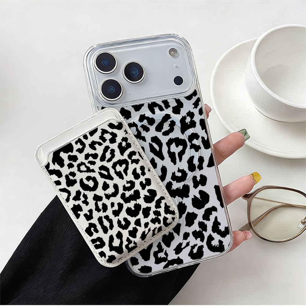 Phone Wallet Combo - Siyah Leopar Desenli Magsafe Cüzdanlı Manyetik